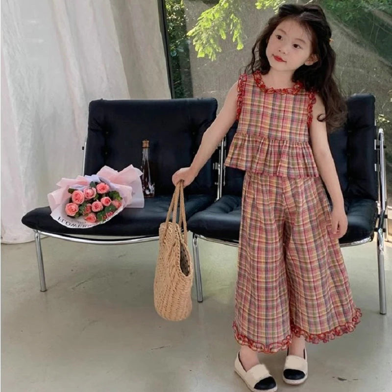 Girls' Set Plaid Lace Top Wide and leg