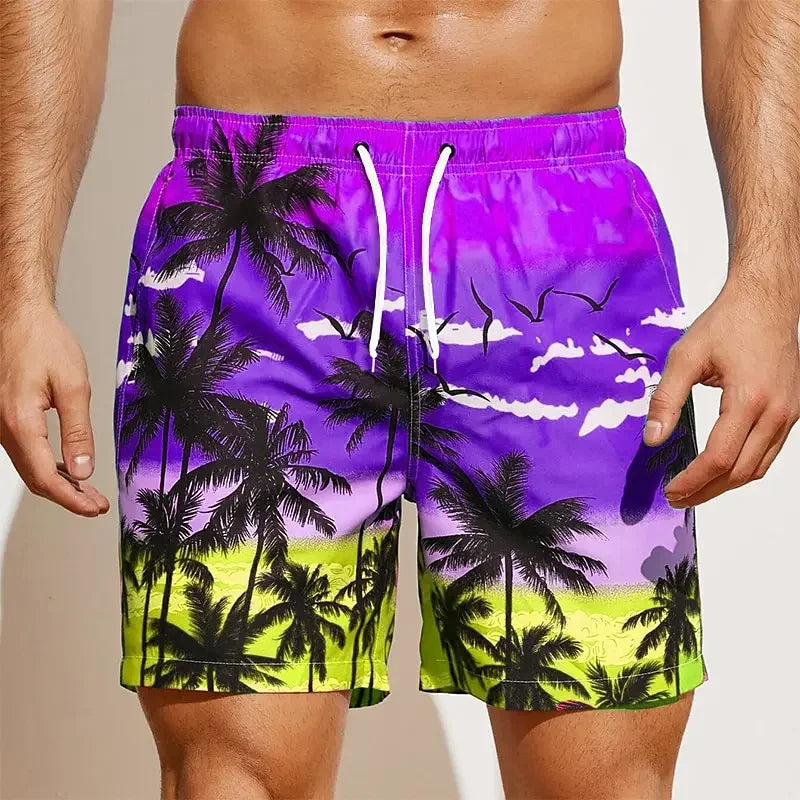 Summer Oversized Casual Men's Drawstring Shorts Quick Dry Hawaii Trunks Coconut Tree