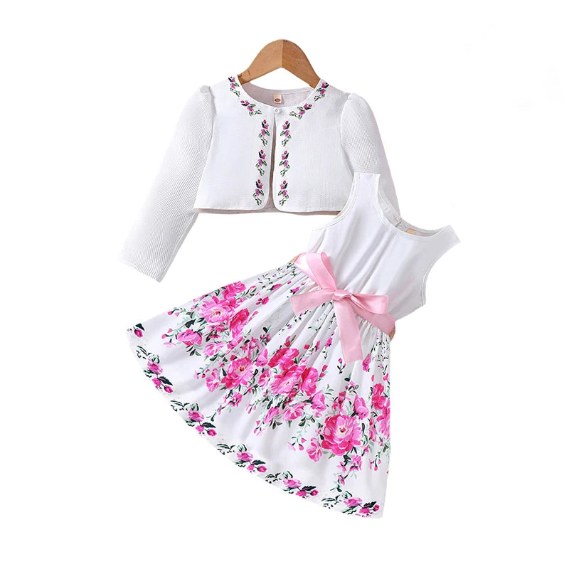 Kids Casual Clothing Sets Outfits for Girls Spring Summer Toddler Floral Print Long Sleeve Coat Tank Dress Children 2 3 4 5 6 7