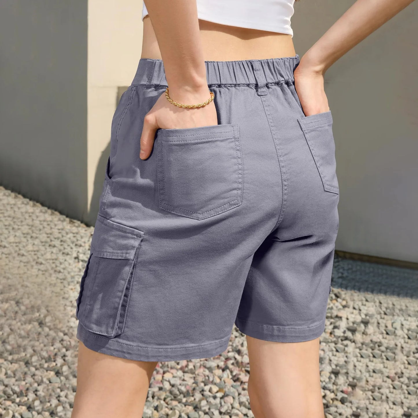 Women Vintage Elastic Low Waist Cargo Shorts