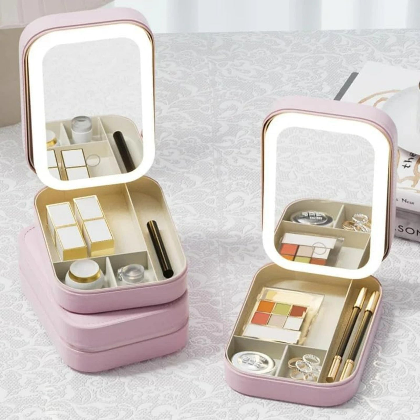 White Portable Travel Makeup Bag with LED Mirror