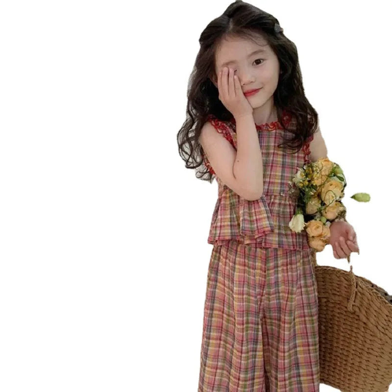 Girls' Set Plaid Lace Top Wide and leg