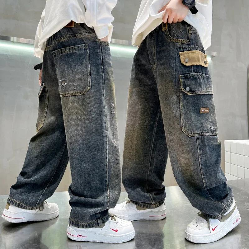 Boys' Jeans Version of Boys Wide Leg Pants Side Pockets Denim Cargo Pants