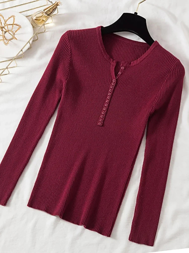 Autumn Winter Button V Neck Sweater Women Basic Slim Pullover Women