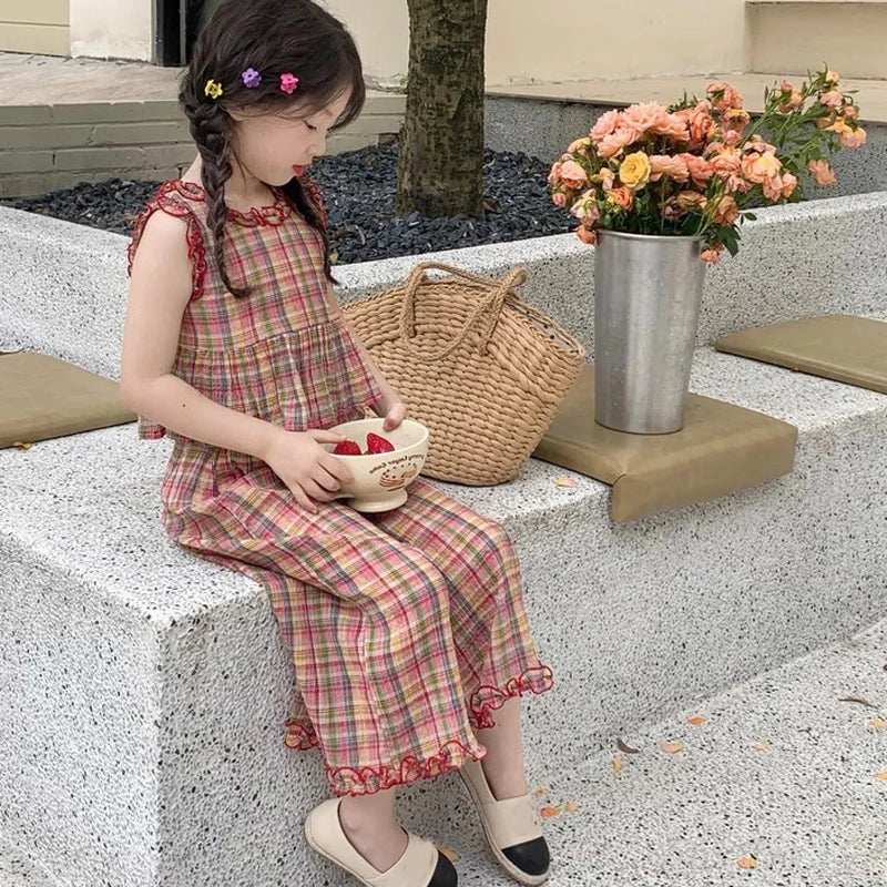 Girls' Set Plaid Lace Top Wide and leg