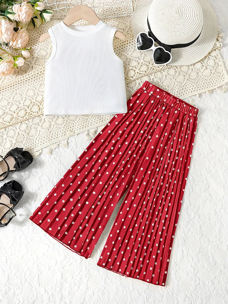 2pcs Girls Summer + Casual Dot Print Pleated Pants Suit