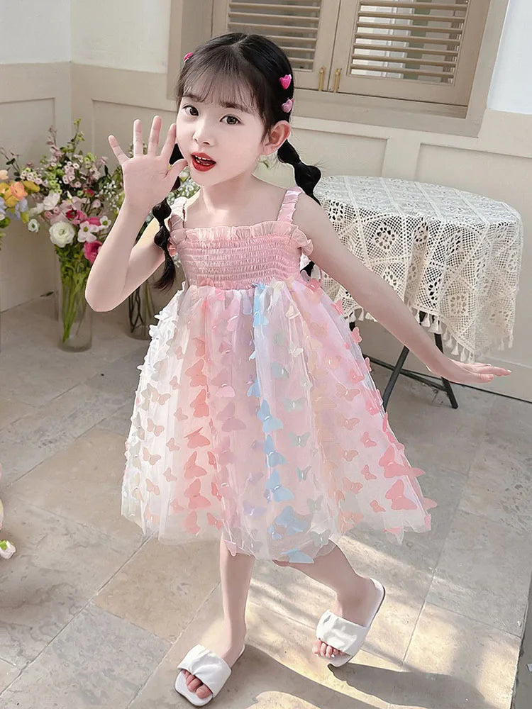 Gauze Cotton Sling Dress Big Butterfly Decoration Kids