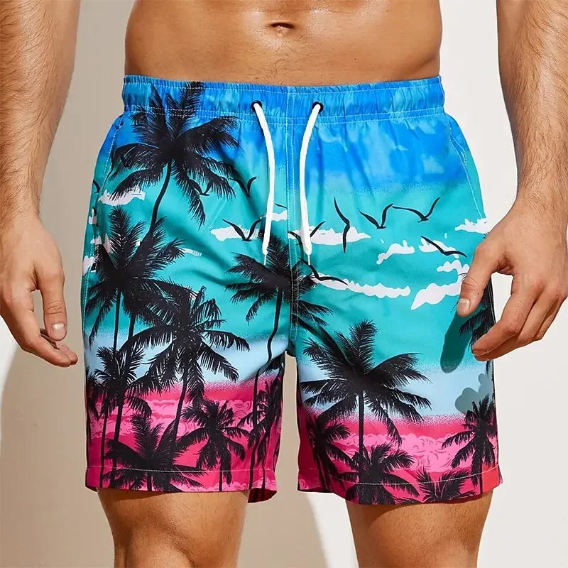 Summer Oversized Casual Men's Drawstring Shorts Quick Dry Hawaii Trunks Coconut Tree