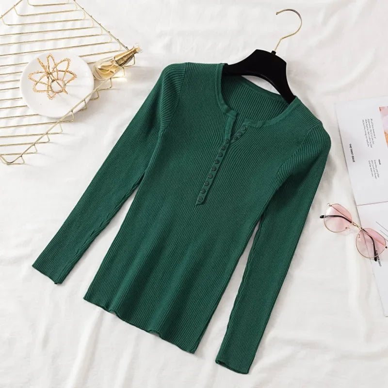 Autumn Winter Button V Neck Sweater Women Basic Slim Pullover Women