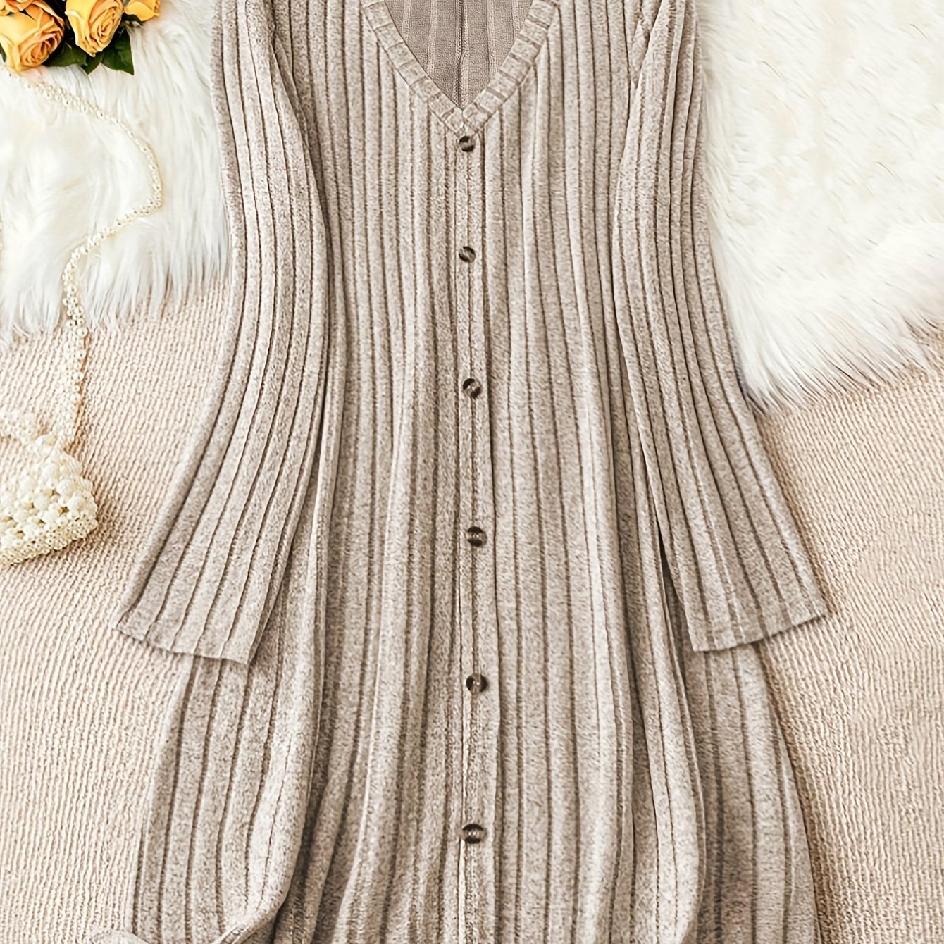Plus Size Solid V Neck Ribbed Long Sleeve Dress, Casual Button Front For Fall & Winter, Women's Clothing
