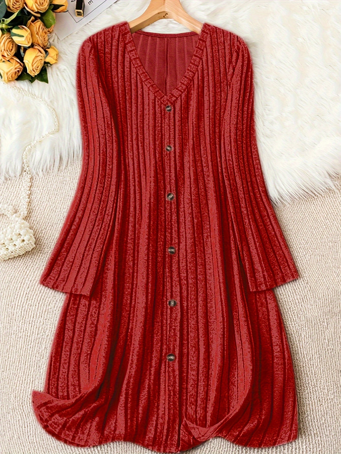 Plus Size Solid V Neck Ribbed Long Sleeve Dress, Casual Button Front For Fall & Winter, Women's Clothing