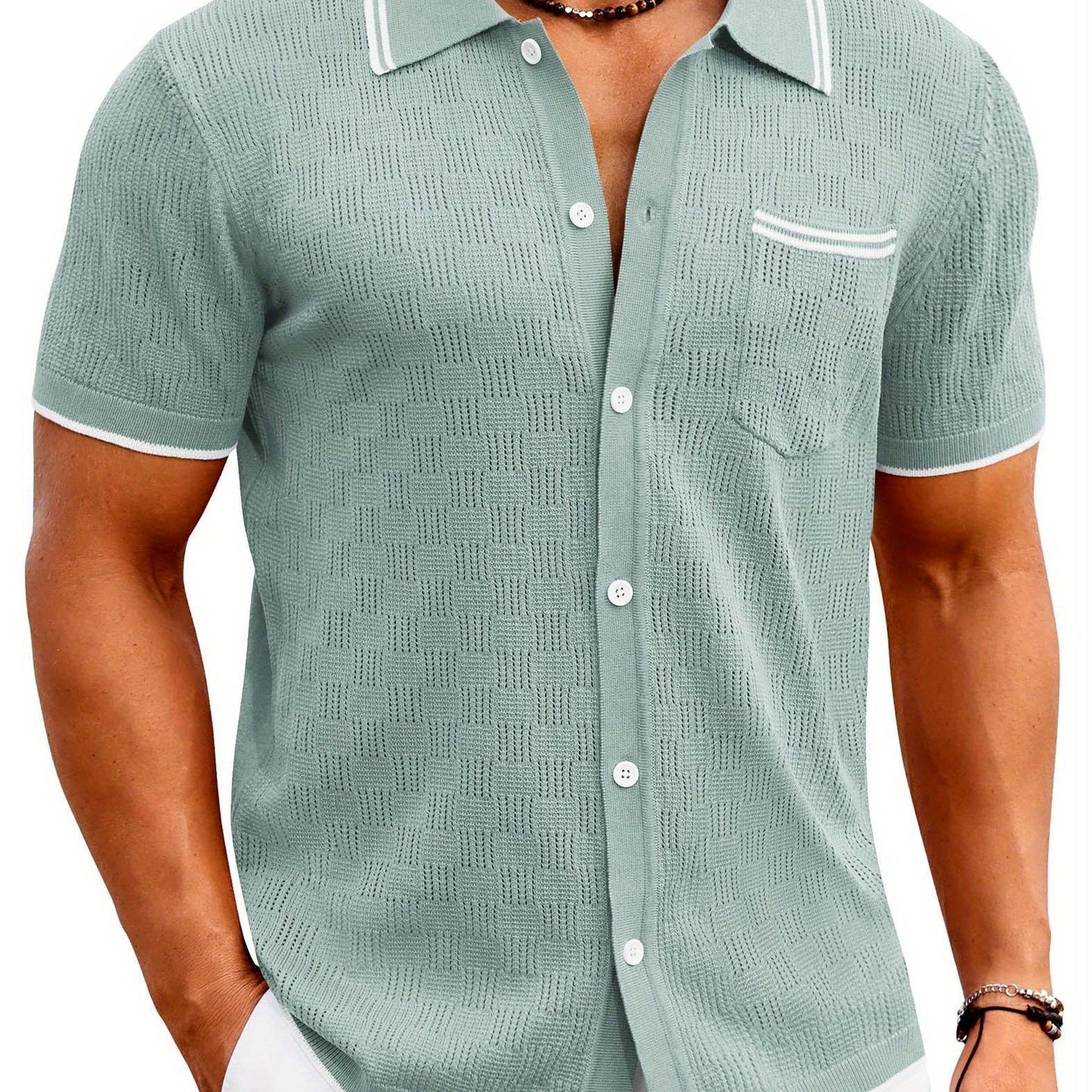 ELESOL Men'S Knit Button Shirt Vintage Polo Shirts Short Sleeve Summer Beach Shirts S-XXXL