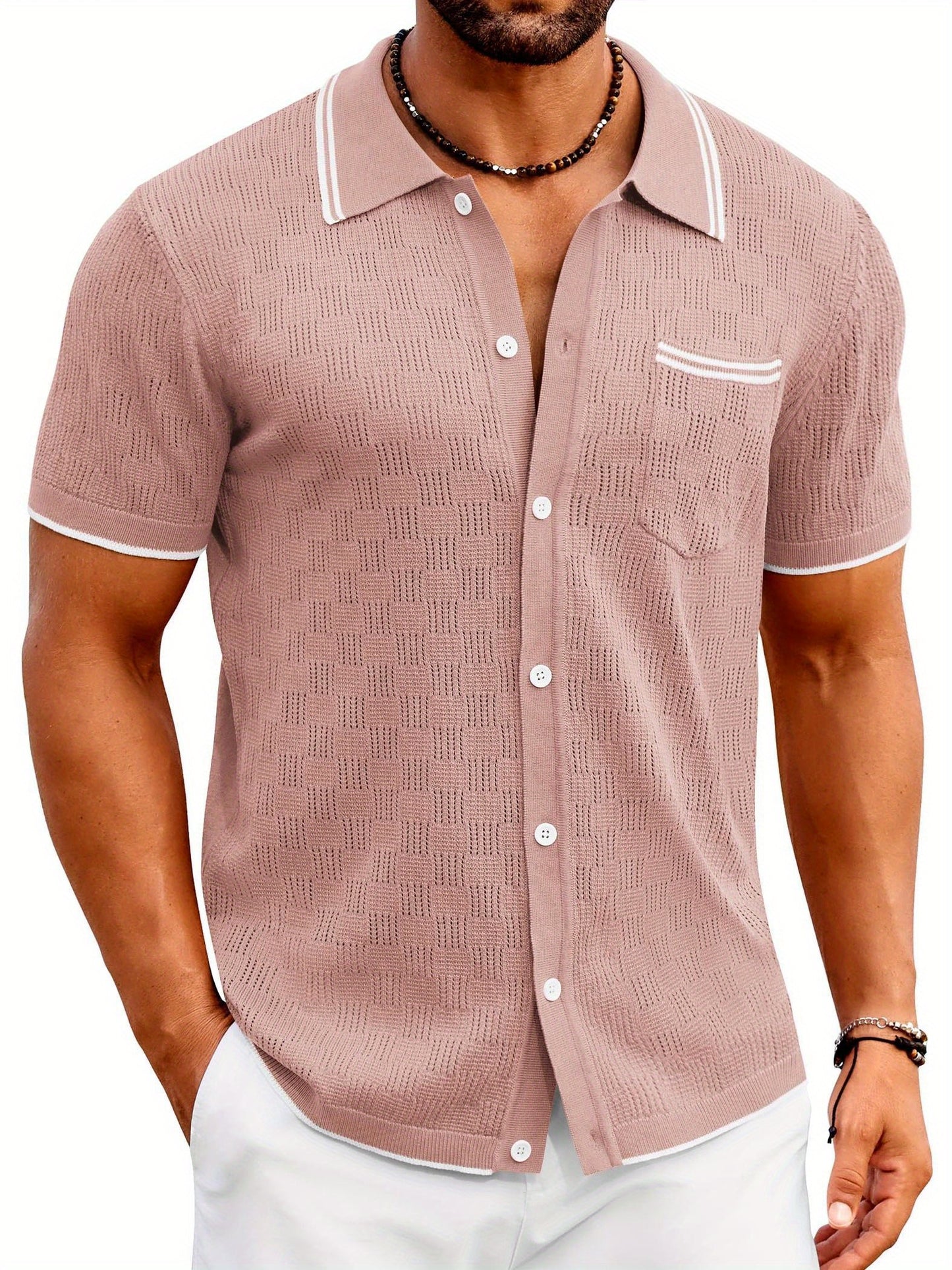 ELESOL Men'S Knit Button Shirt Vintage Polo Shirts Short Sleeve Summer Beach Shirts S-XXXL