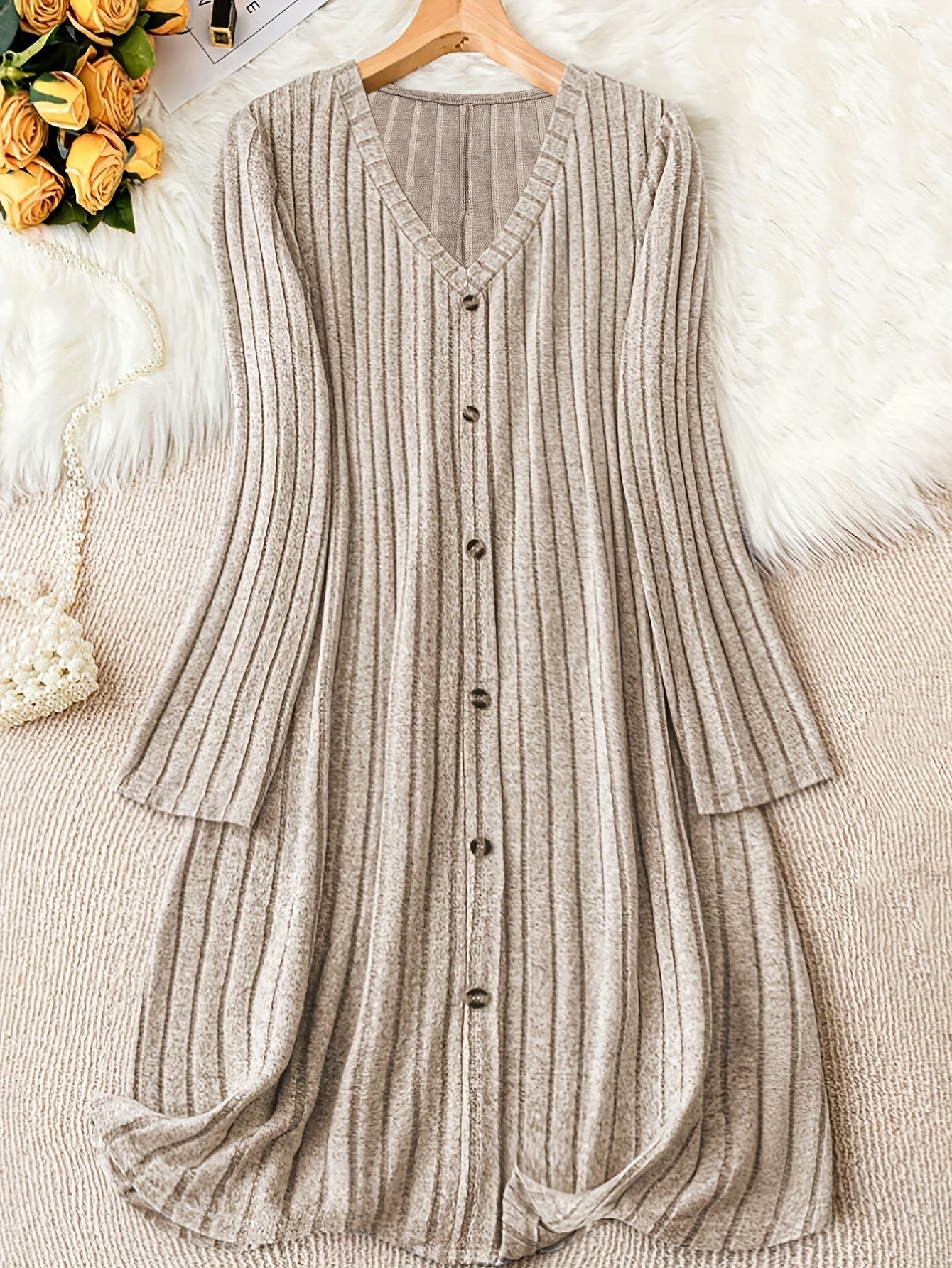 Plus Size Solid V Neck Ribbed Long Sleeve Dress, Casual Button Front For Fall & Winter, Women's Clothing