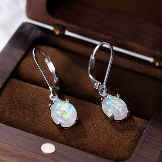 S925 Round-Cut Opal , Green Fire Opal Rhodium Gemstone Drop Earrings 2.2g