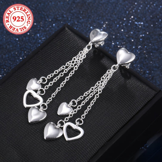 Elegant 925 Sterling Silver Tassel Heart Dangle Earrings