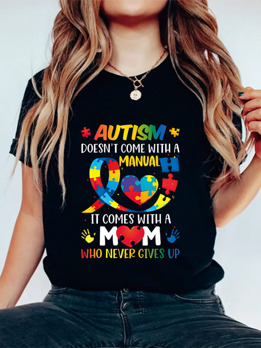 Autism Graphic Print Solid T-Shirt, Crew Neck Short Sleeve