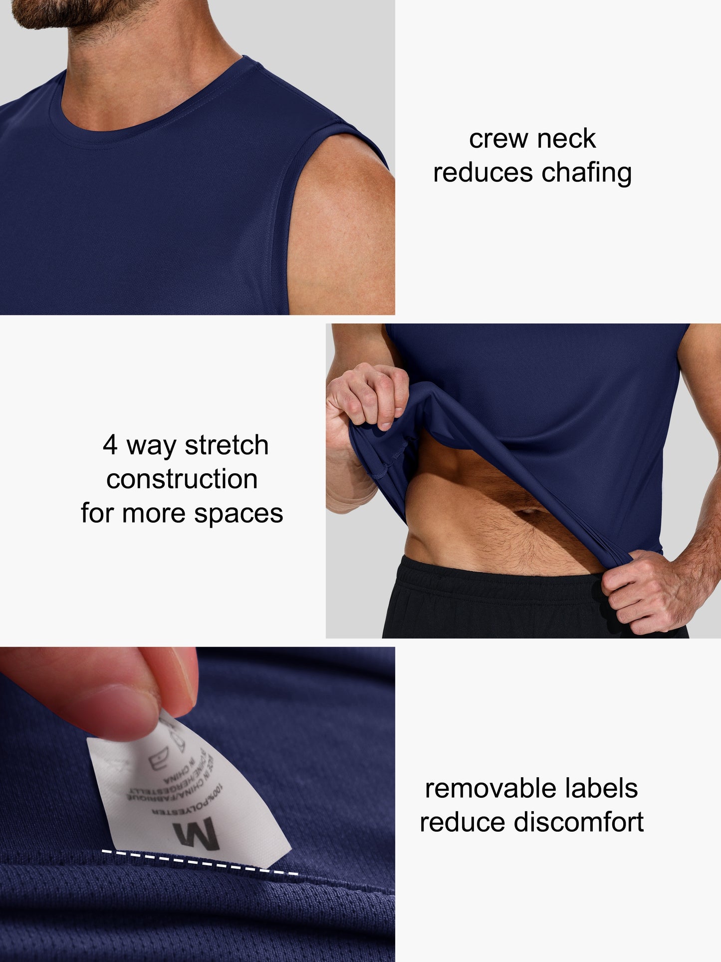 5-Pack Men Polyester Knit Crew Neck Sleeveless Shirts, High Stretch Workout & Daily Wear, Sizes XL to 5XL, Plus Size