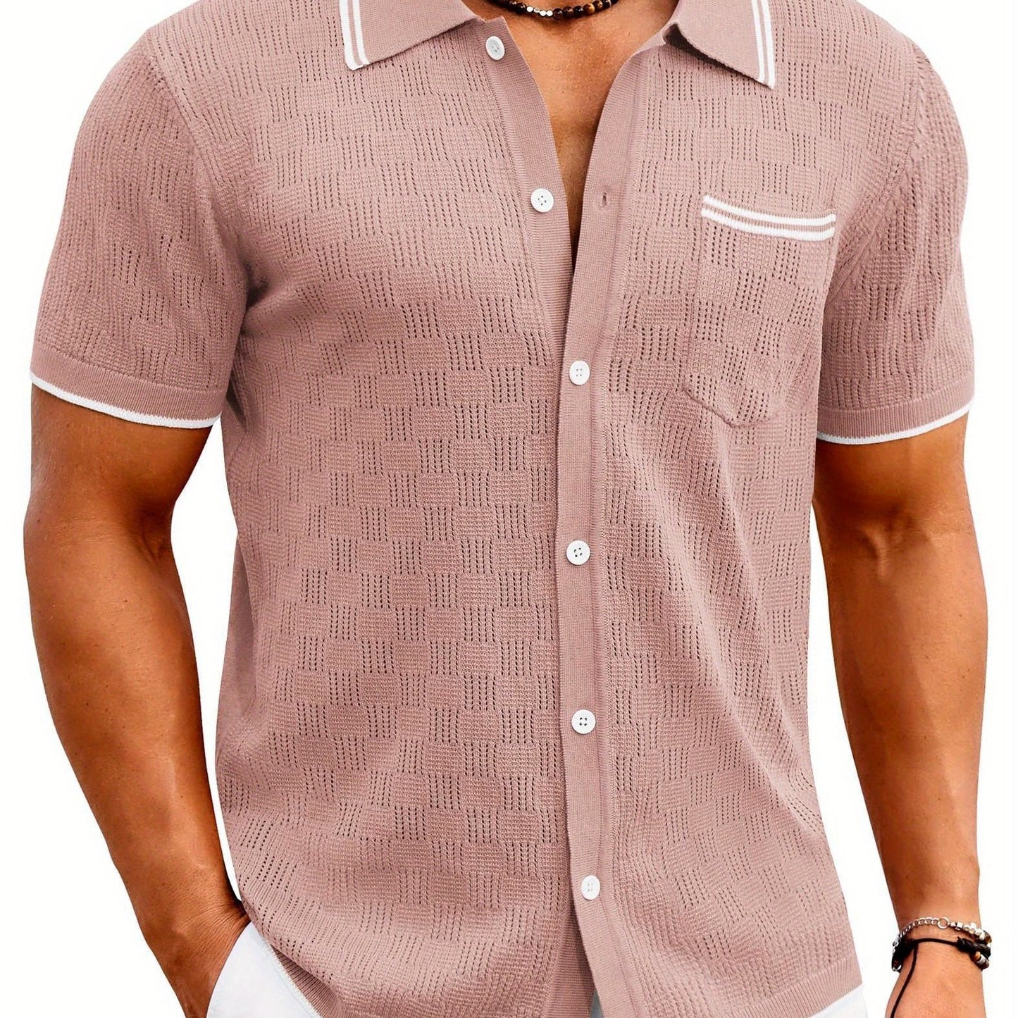 ELESOL Men'S Knit Button Shirt Vintage Polo Shirts Short Sleeve Summer Beach Shirts S-XXXL