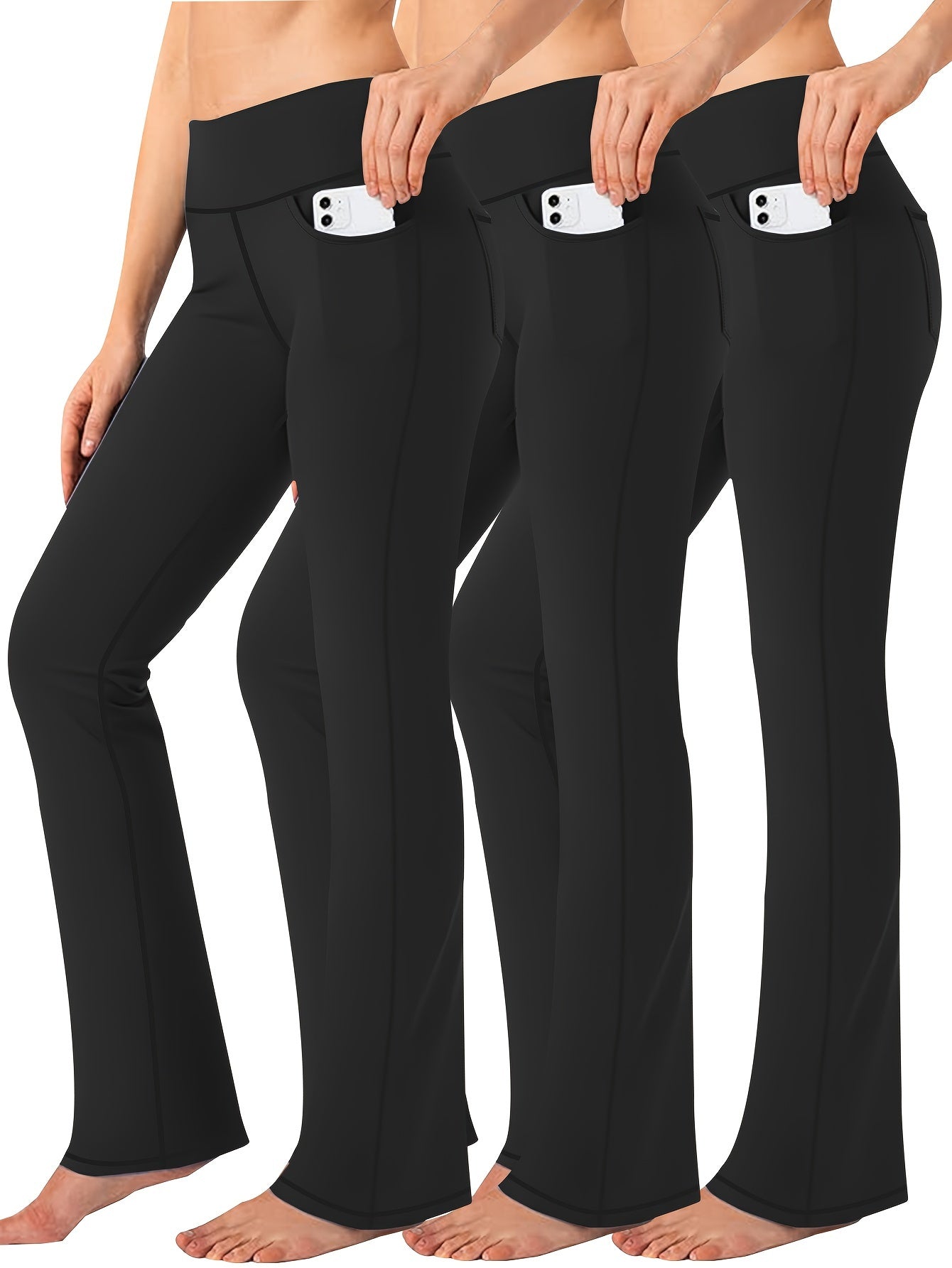 Three-piece Body-hugging Bell-bottoms For Plus-size Sports, Stretch Yoga Pants For Pocket, And Yoga Pants For Casual Wear