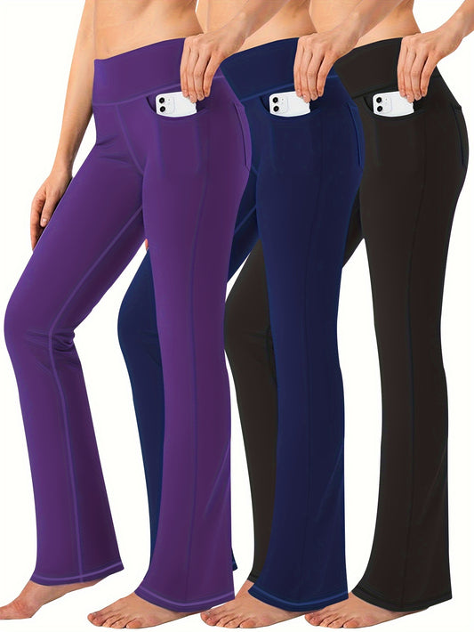 Three-piece Body-hugging Bell-bottoms For Plus-size Sports, Stretch Yoga Pants For Pocket, And Yoga Pants For Casual Wear