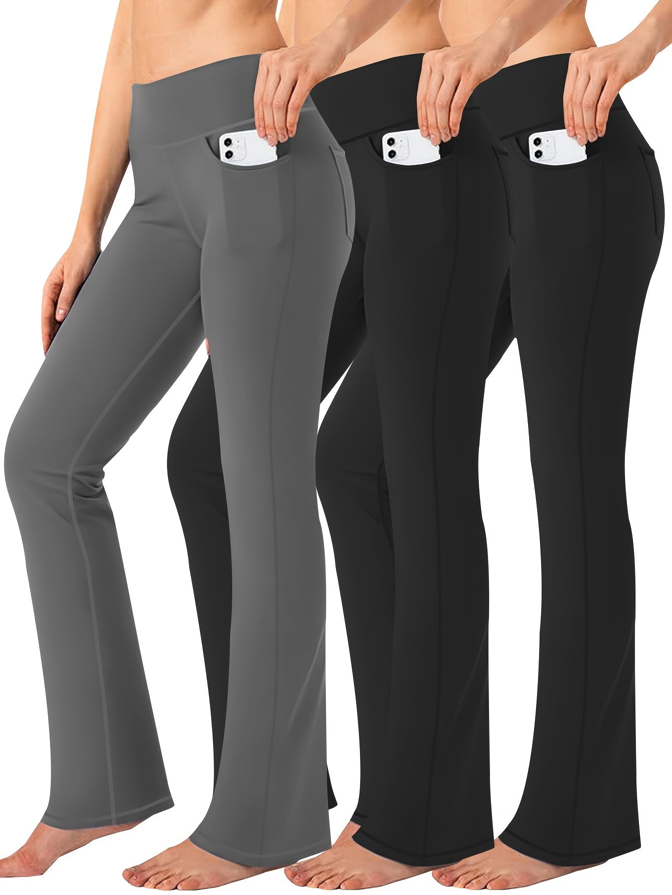 Three-piece Body-hugging Bell-bottoms For Plus-size Sports, Stretch Yoga Pants For Pocket, And Yoga Pants For Casual Wear