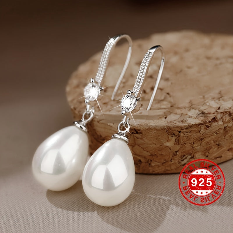 [Golden Pearl Earrings] 18K Golden Plated 925 Sterling Silver Elegant Pearl Drop Earrings, Hypoallergenic Long Dangle,