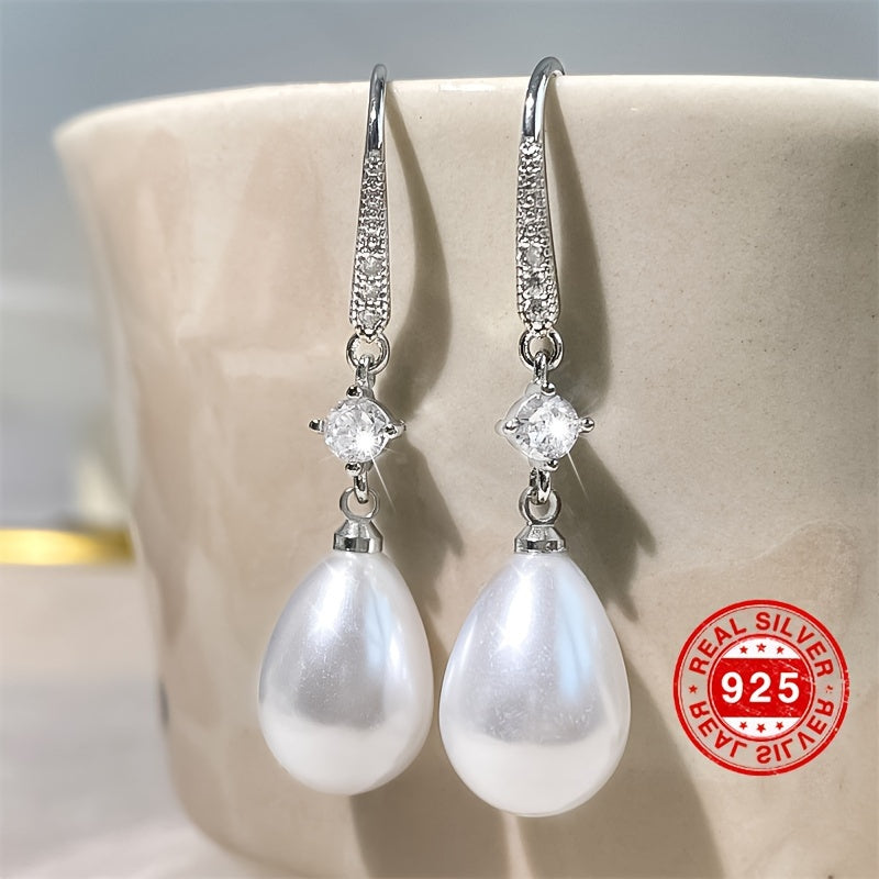 [Golden Pearl Earrings] 18K Golden Plated 925 Sterling Silver Elegant Pearl Drop Earrings, Hypoallergenic Long Dangle,