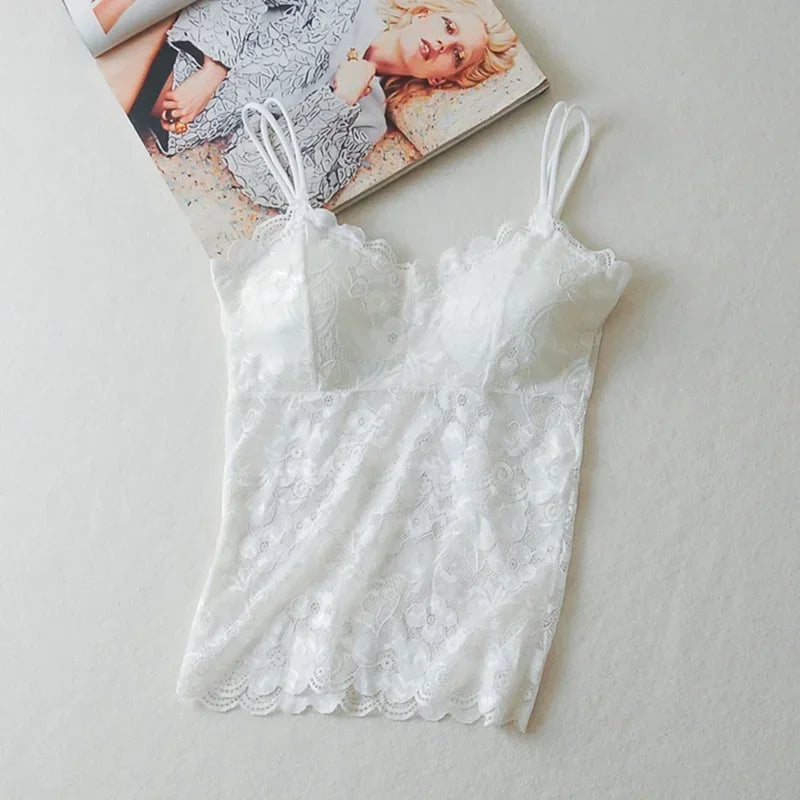 Floral Cami Padded Tank Top Women's Underwear Sexy Lace Bralette Crochet Flower Vest Camisole