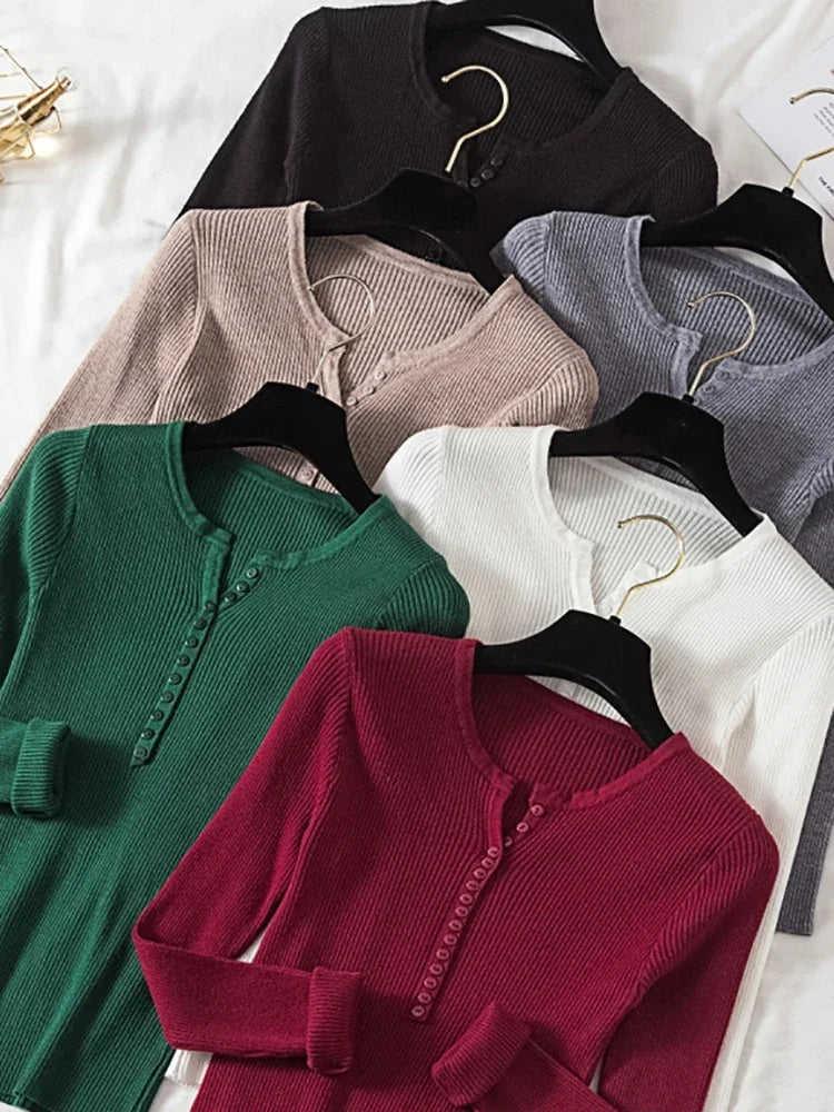 Autumn Winter Button V Neck Sweater Women Basic Slim Pullover Women