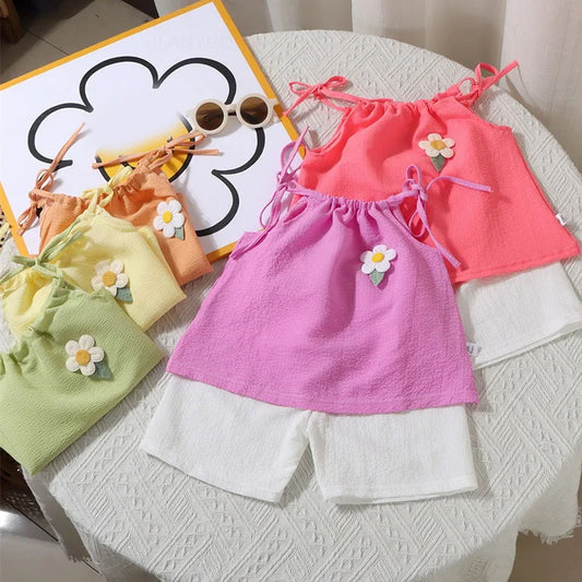 Girl Set Summer New Korean Fashionable Floral Vest Shorts