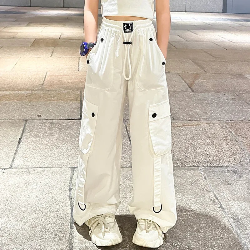 Stylish Loose-fit Women's Cargo Pants For Kids Summer 2024 New Arrival Hip Hop Street Dance Trousers Bell Bottoms For Children