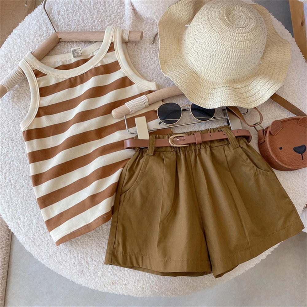 Bear Leader Girls Fashionable and Casual Set 2023 Summer Thin Children's Stripe Suspender Tank Top Shorts Two Piece Set Clothes
