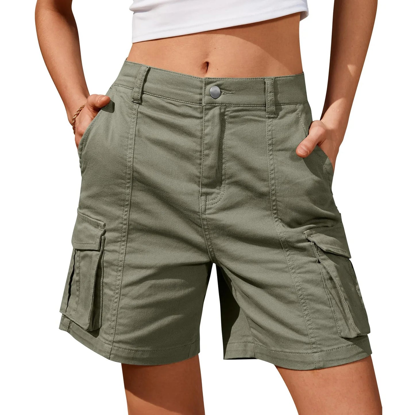 Women Vintage Elastic Low Waist Cargo Shorts