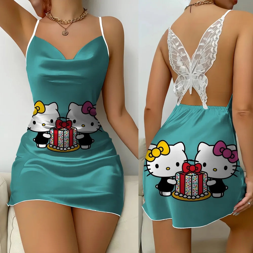 Hello Kitty Cartoon Pattern Style Women's Pajama 2024 New Summer Back Butterfly Cutout Design Lace Sexy Women's Sleeping Dress