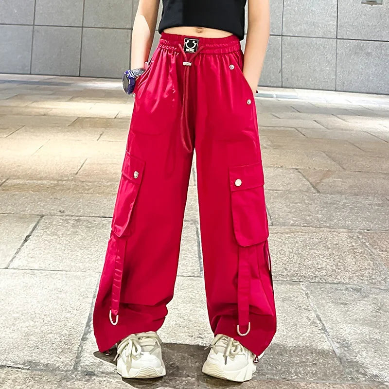 Stylish Loose-fit Women's Cargo Pants For Kids Summer 2024 New Arrival Hip Hop Street Dance Trousers Bell Bottoms For Children
