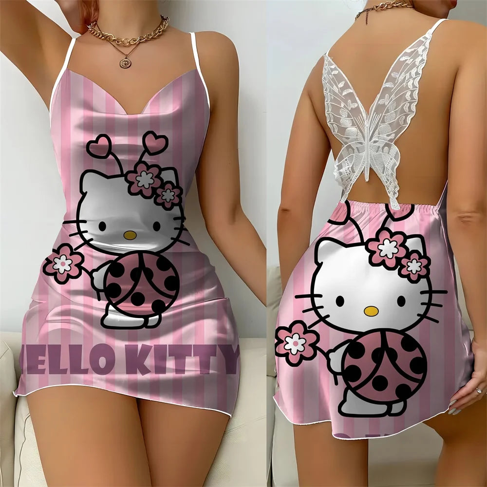 Hello Kitty Cartoon Pattern Style Women's Pajama 2024 New Summer Back Butterfly Cutout Design Lace Sexy Women's Sleeping Dress