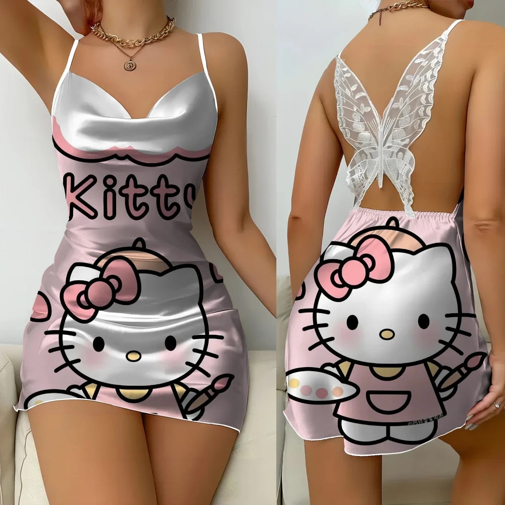 Hello Kitty Cartoon Pattern Style Women's Pajama 2024 New Summer Back Butterfly Cutout Design Lace Sexy Women's Sleeping Dress