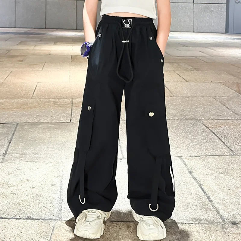 Stylish Loose-fit Women's Cargo Pants For Kids Summer 2024 New Arrival Hip Hop Street Dance Trousers Bell Bottoms For Children