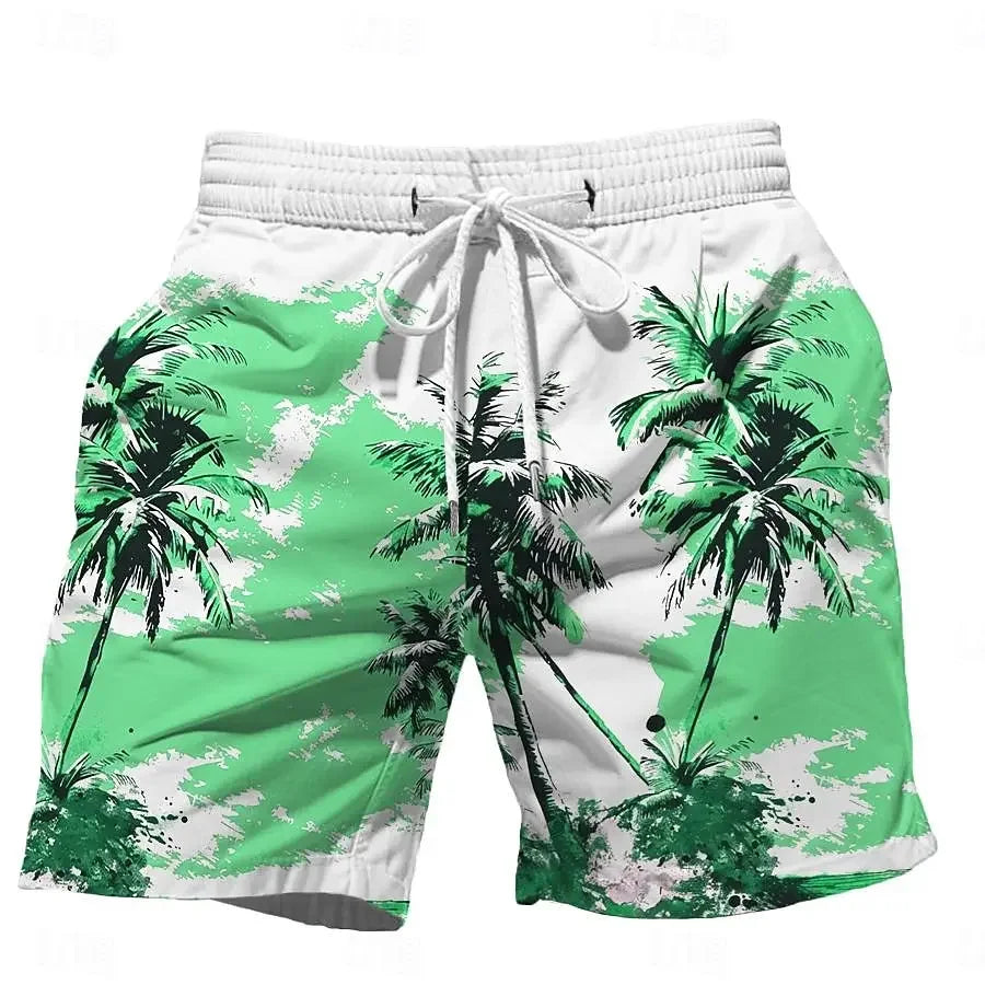 Summer Oversized Casual Men's Drawstring Shorts Quick Dry Hawaii Trunks Coconut Tree