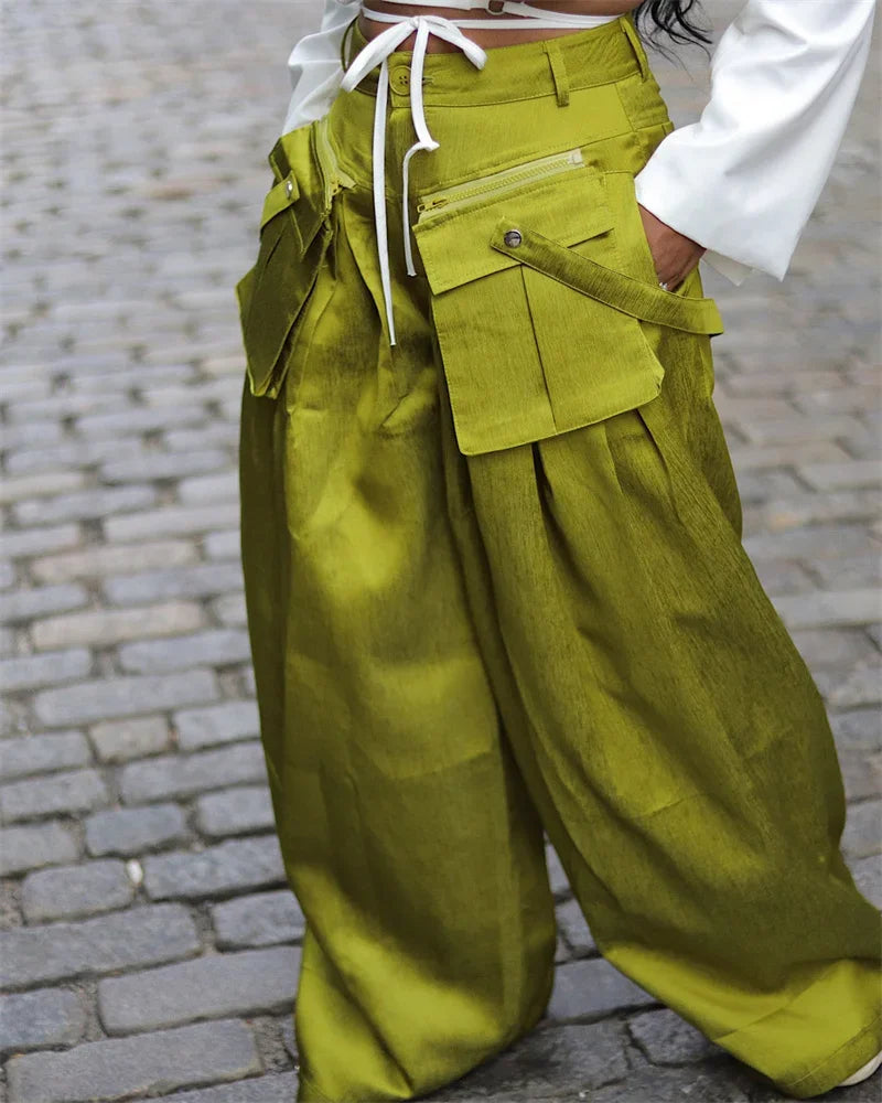 Solid Multi-pocket Loose Pants Wide Leg