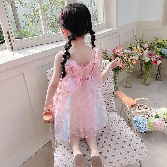 Gauze Cotton Sling Dress Big Butterfly Decoration Kids