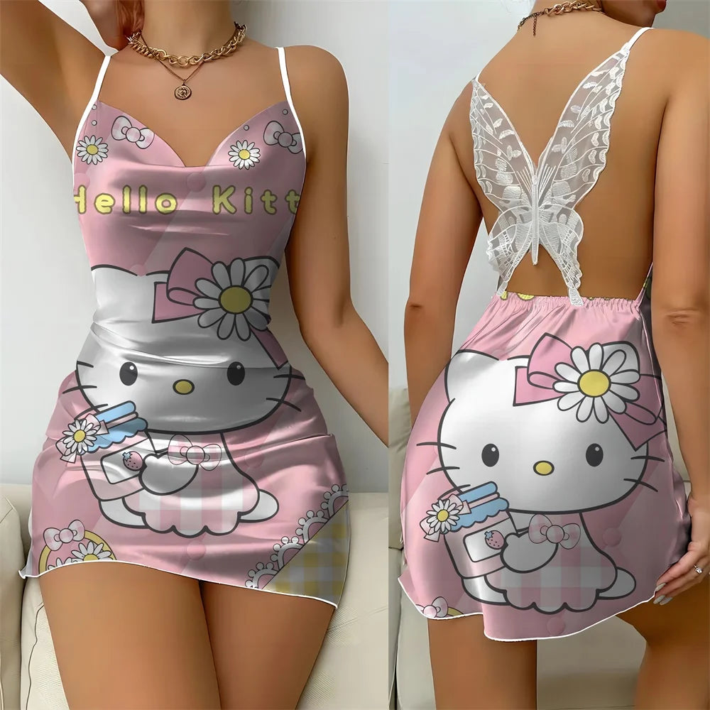 Hello Kitty Cartoon Pattern Style Women's Pajama 2024 New Summer Back Butterfly Cutout Design Lace Sexy Women's Sleeping Dress