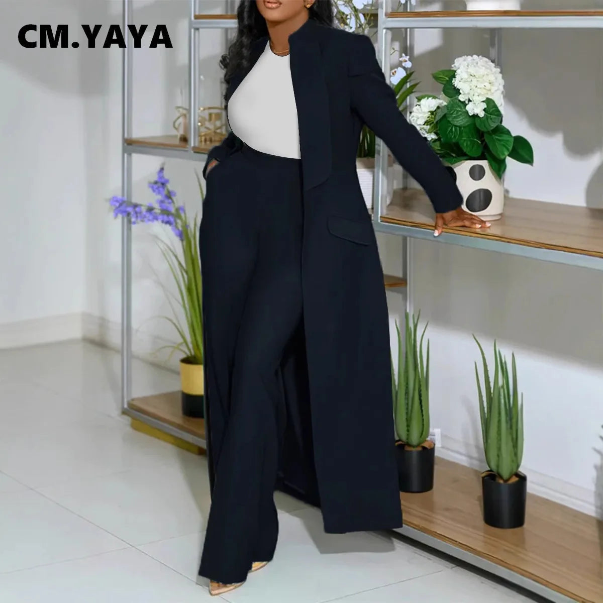CM.YAYA Women's Sleeve X-Long Blazer Coat+ Long Pant Suit 2025 Spring