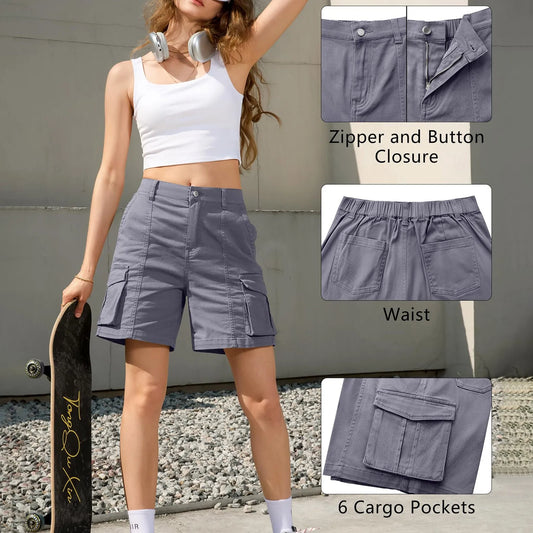 Women Vintage Elastic Low Waist Cargo Shorts