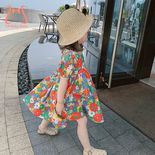 Delicate Children Summer thin Comfortable Dress Girls Cute Flowers Puff Sleeve Dresses 1-6 Y Kids Casual Clothes Toddler Costumn