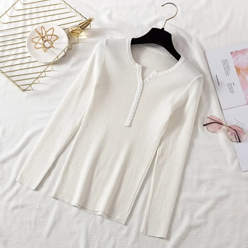 Autumn Winter Button V Neck Sweater Women Basic Slim Pullover Women