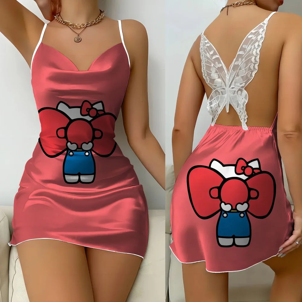 Hello Kitty Cartoon Pattern Style Women's Pajama 2024 New Summer Back Butterfly Cutout Design Lace Sexy Women's Sleeping Dress