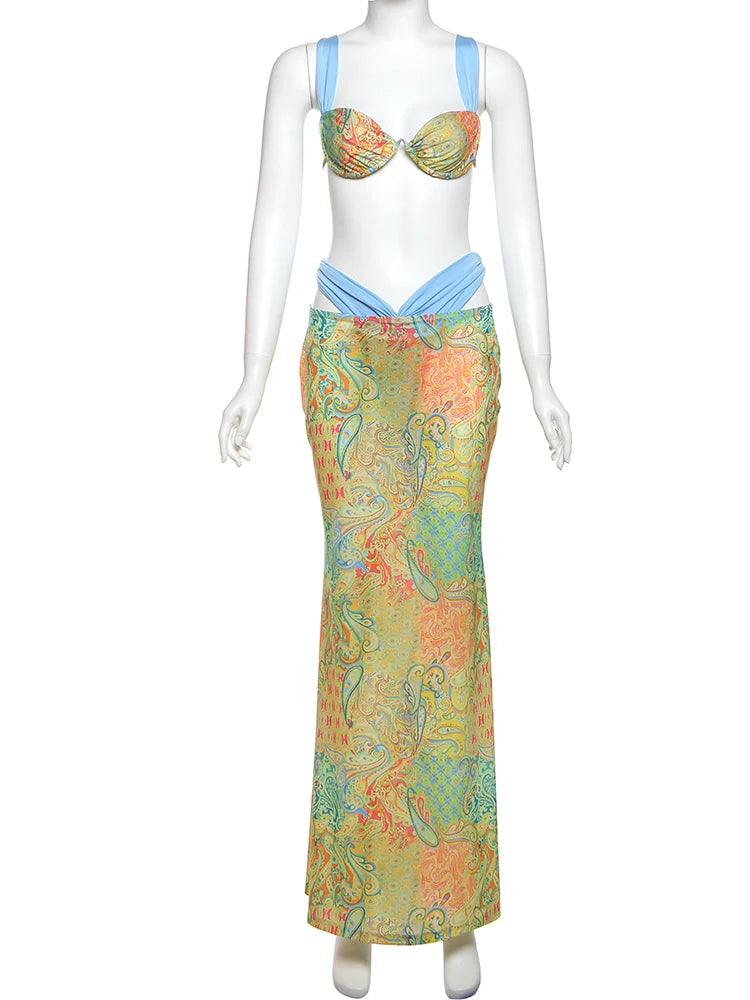 Weird Puss Summer Vacation 2 Piece Set Women Hollow Maxi Skirts Matching