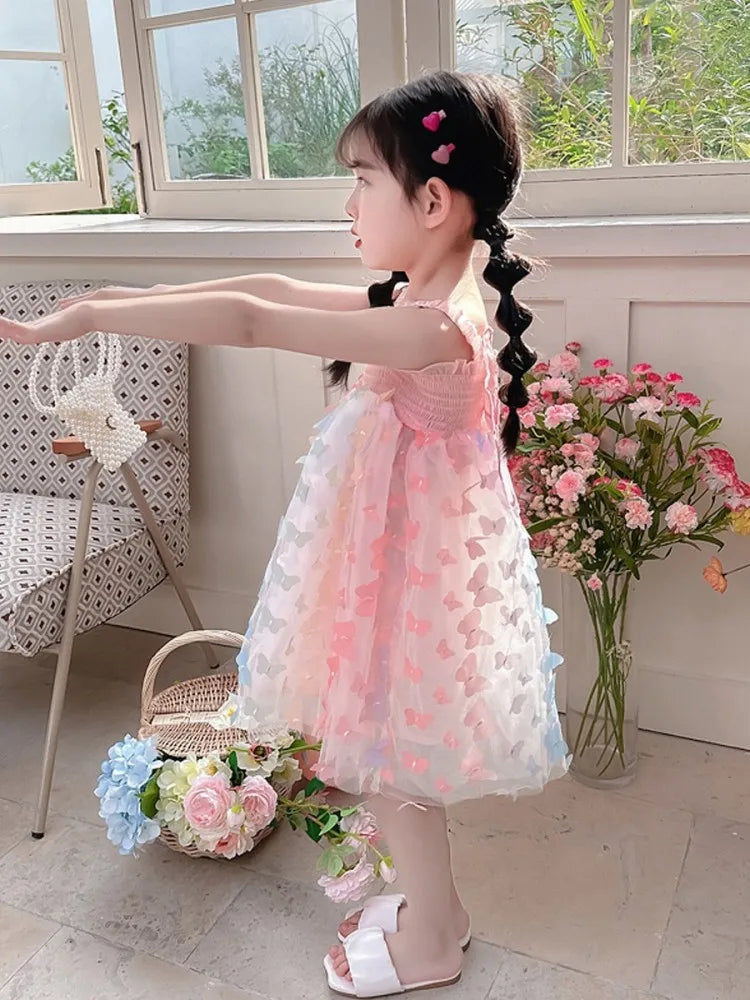 Gauze Cotton Sling Dress Big Butterfly Decoration Kids